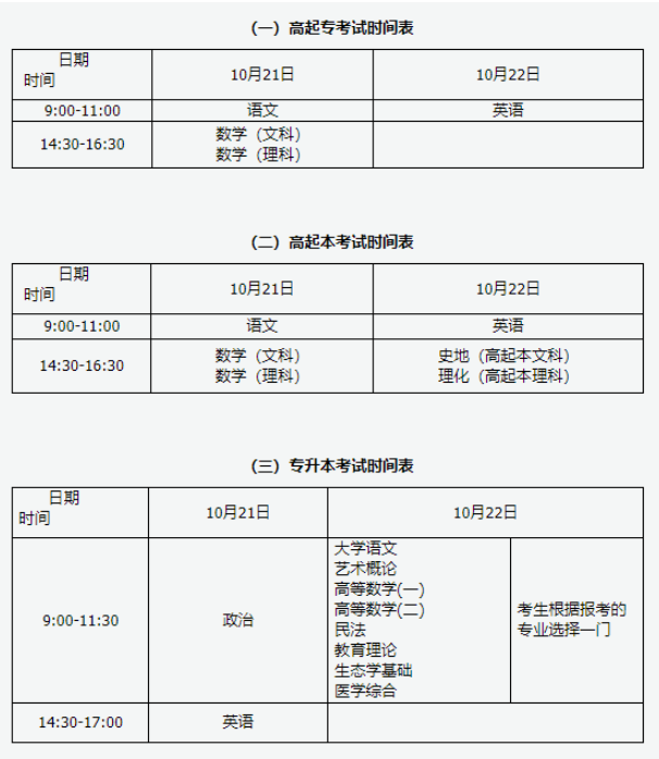 山西省成人高考考試時間？